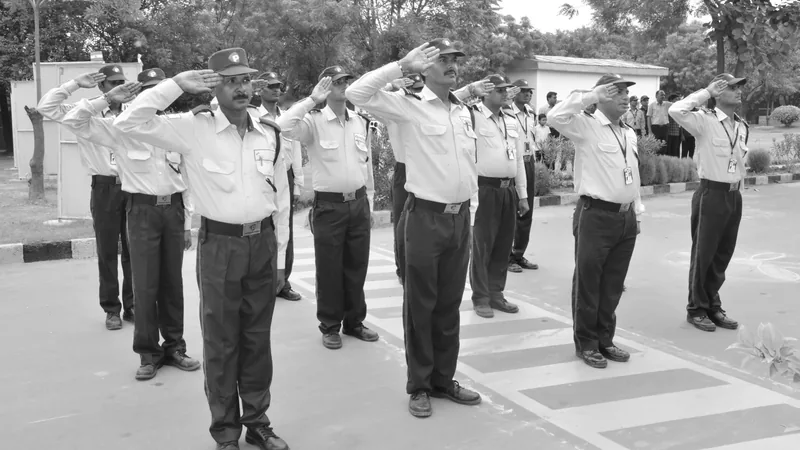 Premierrshield officers in formation, saluting at a flag ceremony on a site road
